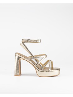 Sandalias Mim con tacón doradas de mujer, brillantes y modernas