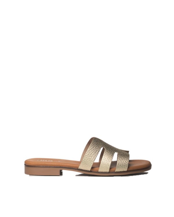 Sandalias planas doradas RKS, brillantes y modernas