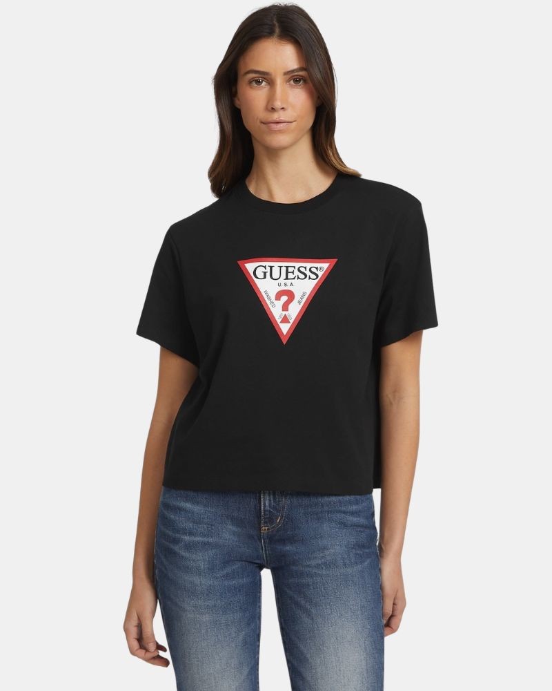 Camisetas de manga curta para mulher GUESS pretas W4YI73 K8HM0