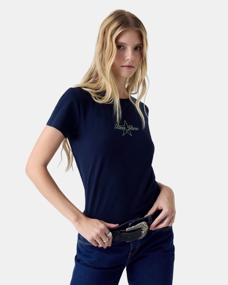 Camisetas de manga curta Mulher GUESS Azul W6RI18 J1314