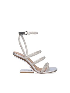 Exe sandalias de tacón abiertas plateadas, brillantes y modernas